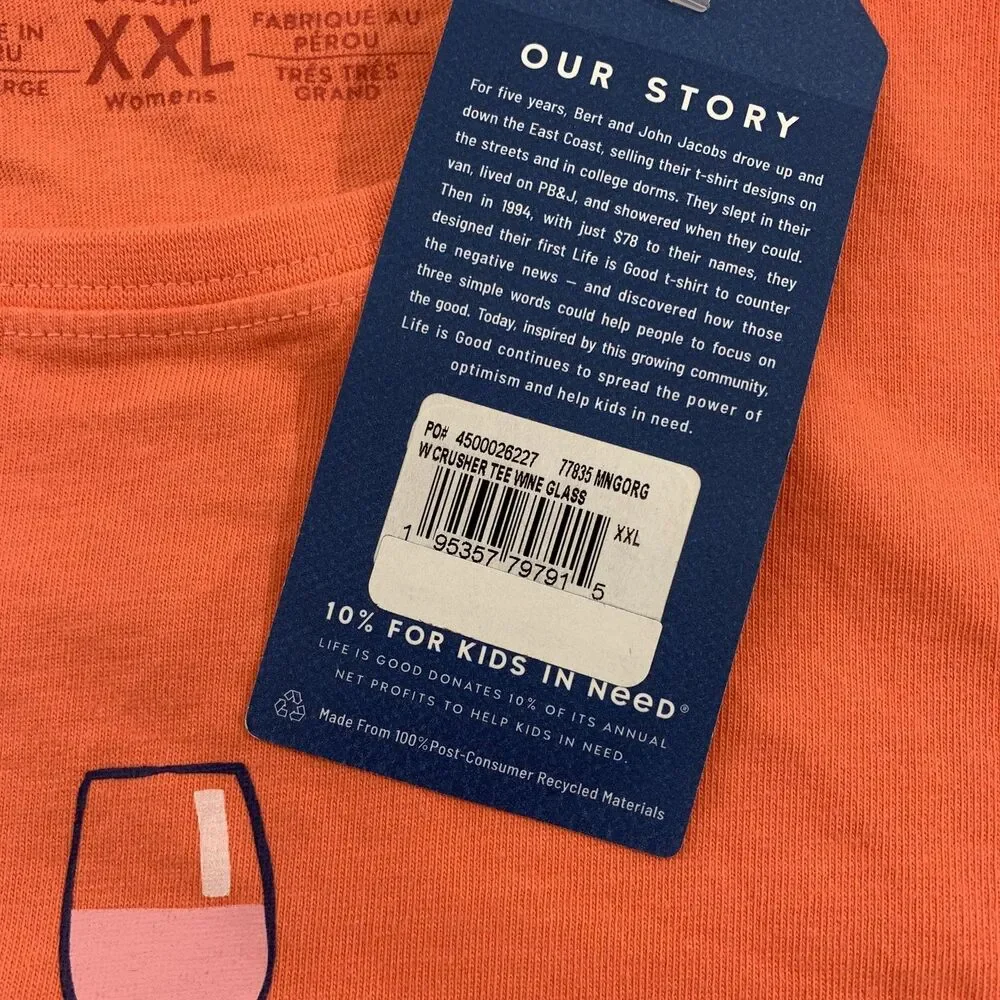 Life Is Good Shirt Womens 2XL Orange Crusher Tee Wine Glass Graphic Cotton NWT - Picture 4 of 10